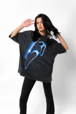 Mask Baskılı Siyah Yıkamalı Unisex Oversize Tshirt