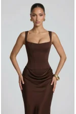 Maxi Scuba Crep kahverengi Fit Elbise
