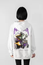 Metallica Mor Sırt Baskılı Beyaz Oversize Kapüşonlu Sweatshirt