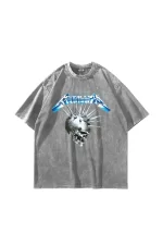 Metallica Premium Blue Skull Baskılı Oversize Unisex Yıkamalı Beyaz Tshirt