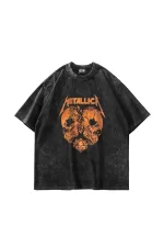 Metallica Skull head Baskılı Oversize Unisex Yıkamalı Siyah Tshirt