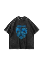 Metallica Skull head V2 Baskılı Oversize Unisex Yıkamalı Siyah Tshirt