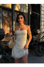 Milena Ekru Puantiyeli Likralı Askılı Mini Elbise