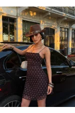 Milena Kahve Puantiyeli Likralı Askılı Mini Elbise