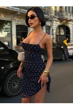 Milena Lacivert Puantiyeli Likralı Askılı Mini Elbise