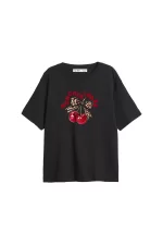 Mon Cherie Baskılı Relaxed Fit Siyah Kadın Tshirt