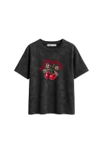 Mon Cherie Baskılı Relaxed Fit Yıkamalı Siyah Kadın Tshirt