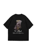 Money Hand Baskılı Oversize Unisex Siyah Tshirt