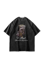 Money Hand Baskılı Oversize Unisex Yıkamalı Siyah Tshirt