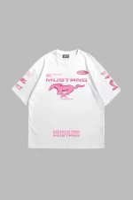 Mstng Racing Baskılı Oversize Unisex Beyaz Tshirt