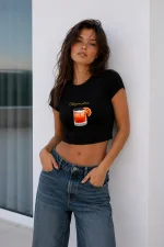 Negroni Baskılı Siyah Crop Top