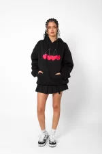 Nude Cherry Baskılı Oversize Unisex Premium Siyah Hoodie