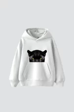 Black Panter Eyes Baskılı Oversize Unisex Premium Beyaz Hoodie