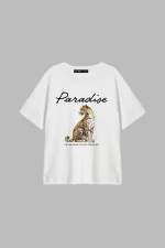 Paradise Baskılı Relaxed Fit Beyaz Kadın Tshirt