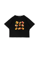 Peach Baskılı Siyah Crop Top