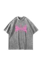 Pink Gotik Baskılı Oversize Unisex Yıkamalı Beyaz Tshirt