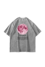 Pink Moon Baskılı Oversize Unisex Yıkamalı Beyaz Tshirt