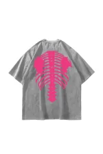 Pink Ribcage Baskılı Oversize Unisex Yıkamalı Beyaz Tshirt