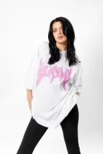 Pink Street Font Baskılı Beyaz Unisex Oversize Tshirt