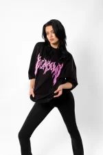 Pink Street Font Baskılı Siyah Unisex Oversize Tshirt