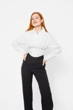 Poplin Agraflı Beyaz Crop Gömlek