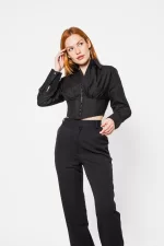 Poplin Agraflı Siyah Crop Gömlek