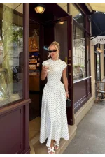Puantiyeli Balon Maxi Elbise – Beyaz