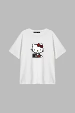 Punk H. Kitty Baskılı Relaxed Fit Siyah Beyaz Tshirt