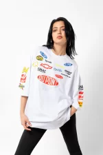 Racing Flame Baskılı Oversize Unisex Beyaz Tshirt