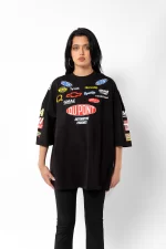 Racing Flame Baskılı Oversize Unisex Siyah Tshirt