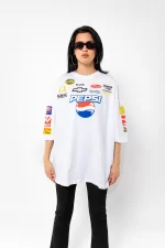 Racing More Logo Baskılı Oversize Unisex Beyaz Tshirt