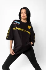 Racing Motorsport Car Baskılı Oversize Unisex Siyah Tshirt