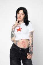 Red Star Baskılı Beyaz Crop Top