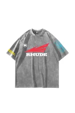 Rhude Baskılı Oversize Unisex Yıkamalı Beyaz Tshirt