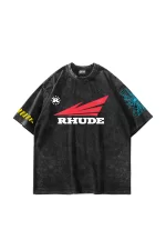 Rhude Baskılı Oversize Unisex Yıkamalı Siyah Tshirt