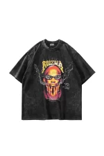 Rodzilla Baskılı Oversize Unisex Yıkamalı Siyah Tshirt