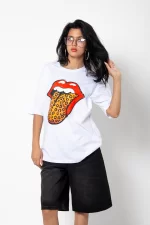 Rolling Stones Leopar Baskılı Oversize Unisex Premium Beyaz Tshirt