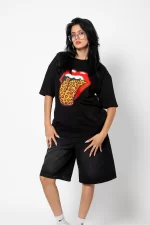 Rolling Stones Leopar Baskılı Oversize Unisex Premium Siyah Tshirt