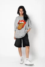 Rolling Stones Leopar Baskılı Oversize Unisex Premium Yıkamalı Beyaz Tshirt