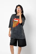 Rolling Stones Leopar Baskılı Oversize Unisex Premium Yıkamalı Siyah Tshirt