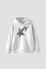 Shining Star Beyaz Baskılı Oversize Unisex Premium Beyaz Hoodie