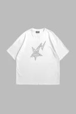 Shining Star Taş Baskılı Oversize Unisex Beyaz Tshirt