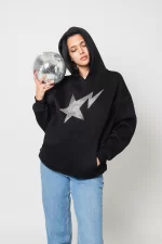 Shining Star Taş Baskılı Oversize Unisex Premium Siyah Hoodie