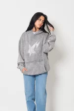 Shining Star Taş Baskılı Oversize Unisex Premium Yıkamalı Beyaz Hoodie