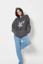 Shining Star Taş Baskılı Oversize Unisex Premium Yıkamalı Siyah Hoodie