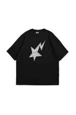 Shining Star Taş Baskılı Oversize Unisex Siyah Tshirt