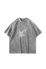 Shining Star Taş Baskılı Oversize Unisex Yıkamalı Beyaz Tshirt