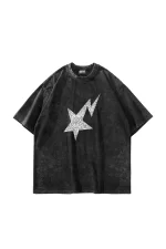 Shining Star Taş Baskılı Oversize Unisex Yıkamalı Siyah Tshirt