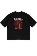 Social Baskılı Siyah Unisex Oversize Tshirt