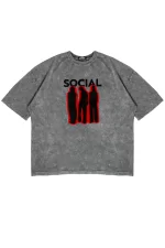 Social Baskılı Yıkamalı Beyaz Unisex Oversize Tshirt